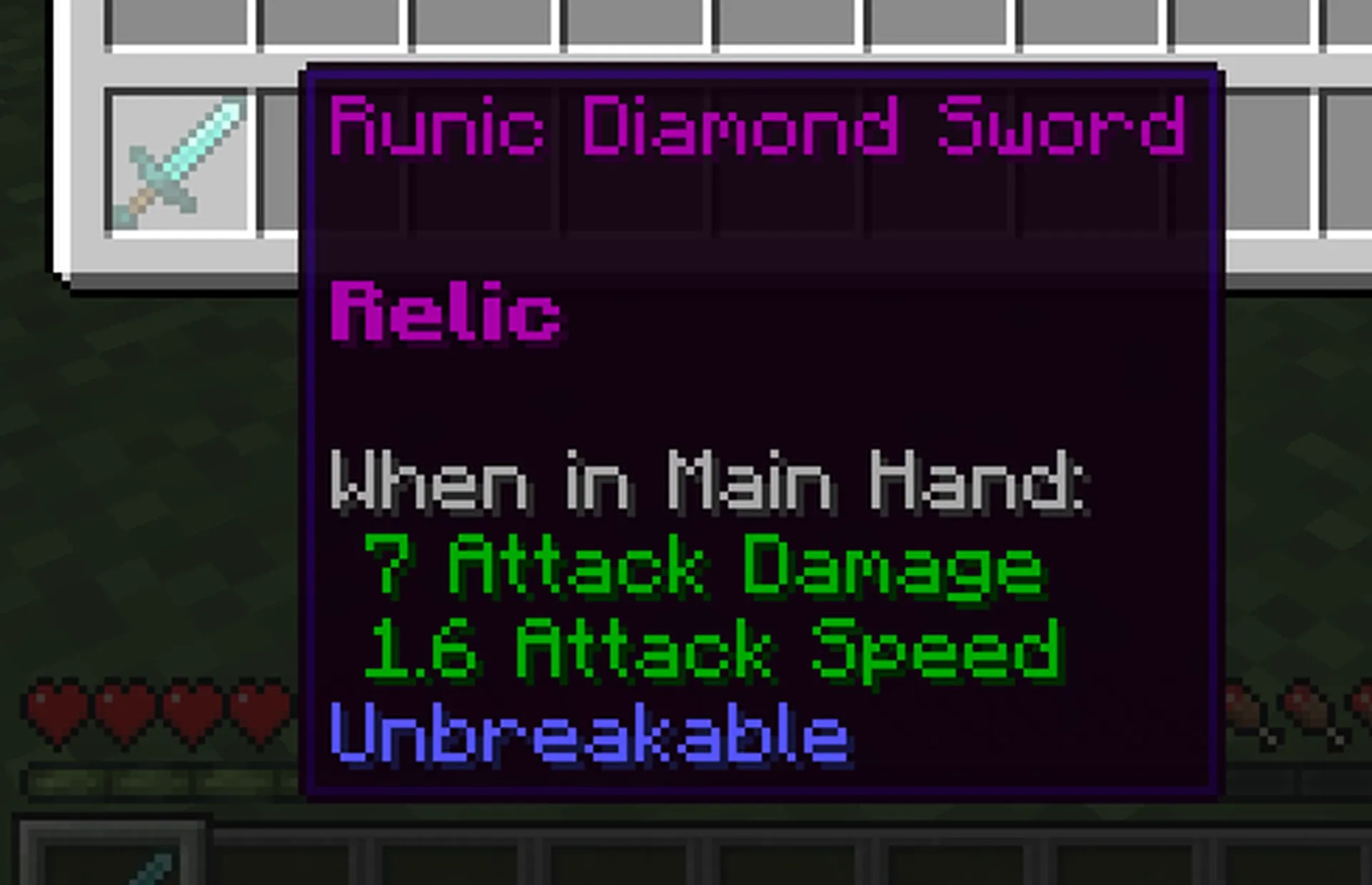 A Diamond Sword upgraded by a Runesmith Villager using Runesmithing Tools. Runic Tools are unbreakable.